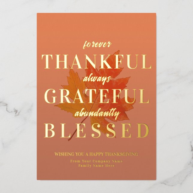 Maple Leaves Burnt Orange Thankful Thanksgiving Foil Holiday Card (Front)