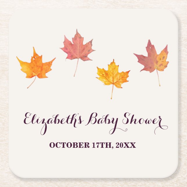 Maple Leaves Fall Baby Shower Square Paper Coaster (Front)