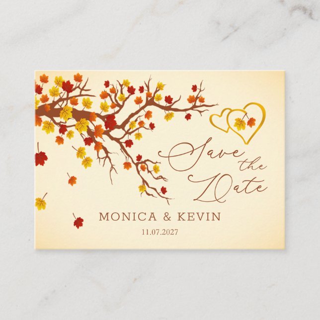 Maple Leaves Hearts Save the Date Enclosure Card (Front)