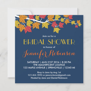 Maple Leaves Navy Blue Fall Wedding Invitation