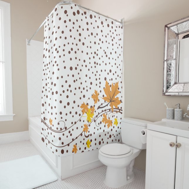 Maple leaves orange and brown polka dots shower curtain (In Situ)
