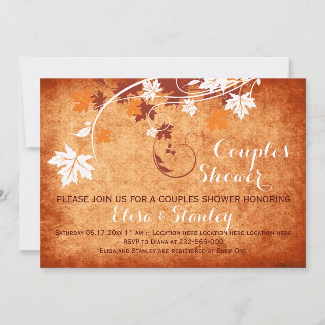 Maple leaves orange fall wedding couples shower invitation (Front)