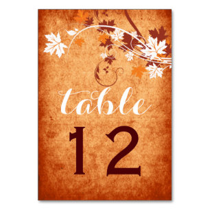 Maple leaves orange fall wedding table number