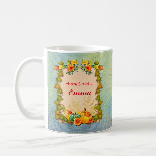 Maple Leaves, Pumpkins, and Vibrant Flowers Coffee Mug (Left)