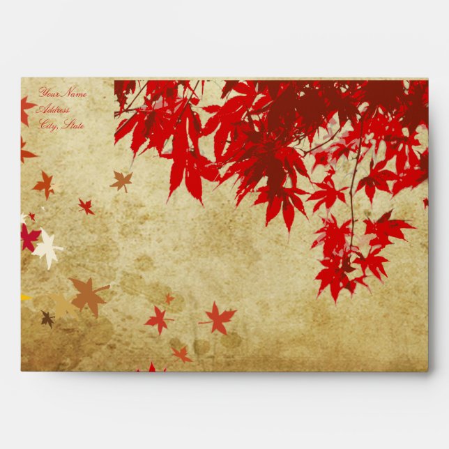 Maple Leaves, Red, Faux Parchment 5.25 x 7.25 Envelopes (Front)