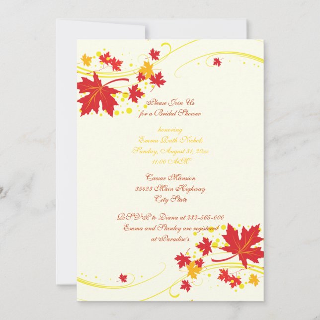 Maple leaves red yellow wedding bridal shower invitation (Front)