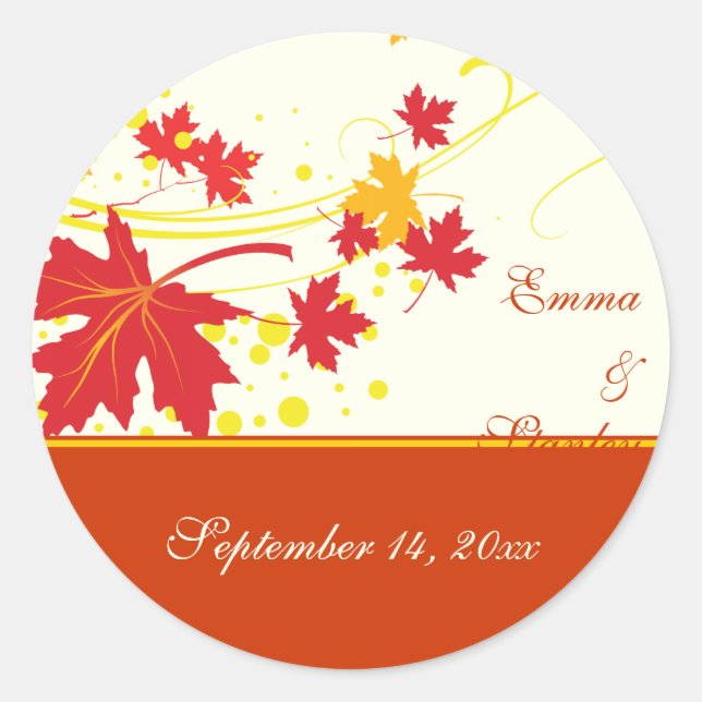 Maple leaves red yellow wedding Save the Date Classic Round Sticker (Front)