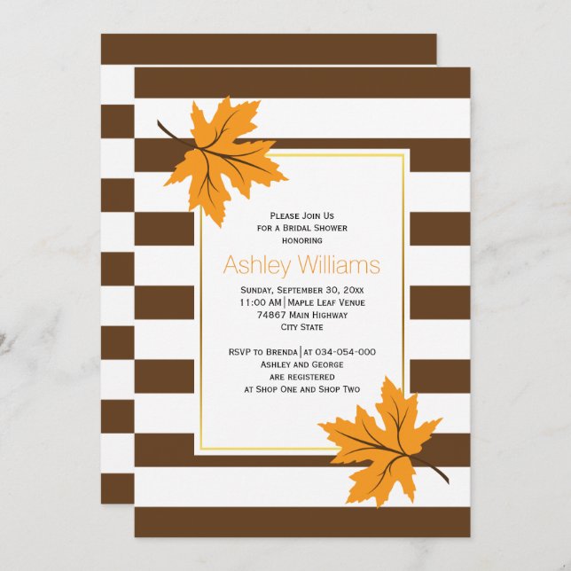 Maple leaves, stripes autumn wedding bridal shower invitation (Front/Back)