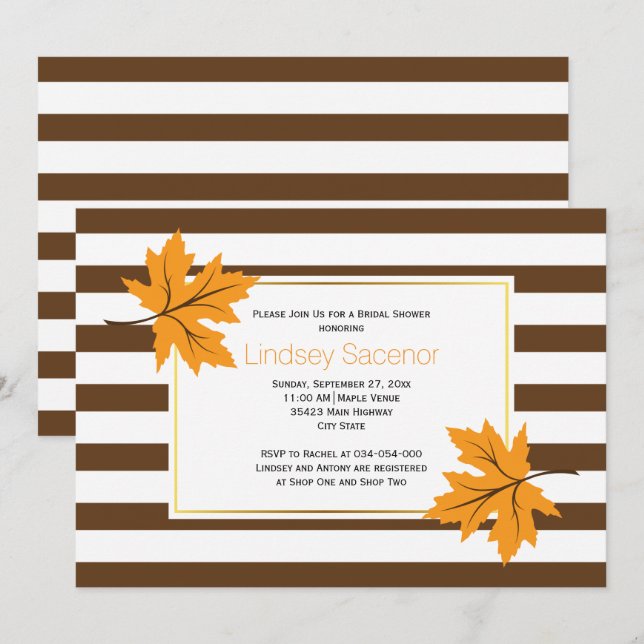 Maple leaves & stripes fall wedding bridal shower invitation (Front/Back)