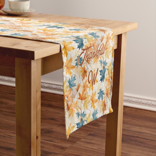 Maple Leaves Thankful Thanksgiving Brunch Dinner Short Table Runner (In Situ)