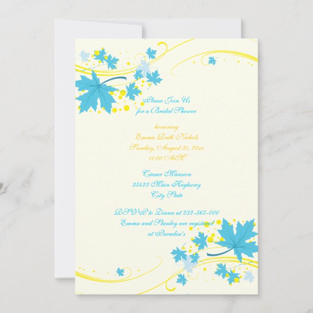 Maple leaves turquoise yellow bridal shower invitation (Front)