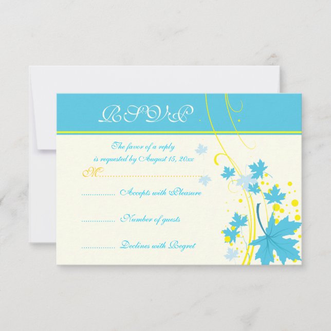 Maple leaves turquoise yellow wedding RSVP card (Front)