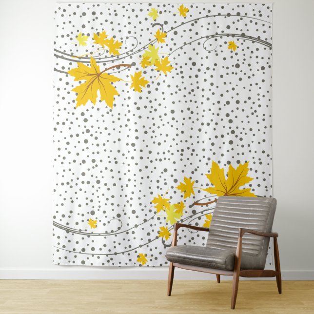 Maple leaves yellow and grey polka dots tapestry (In Situ)