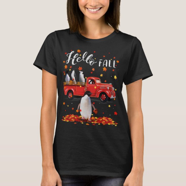 Maple Penguins Leaf Fall Autumn Red Truck T-Shirt (Front)
