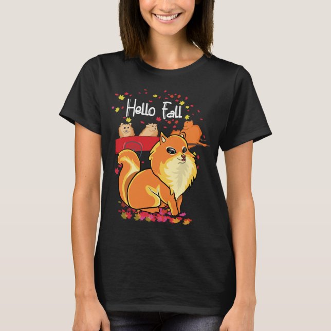Maple Pomeranian Dog Lovers Leaf Red Truck Fall Au T-Shirt (Front)