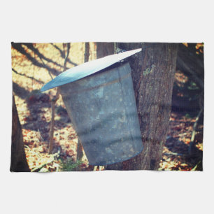Maple Sugar Sap Bucket On Tree   Tea Towel