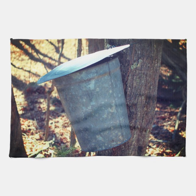 Maple Sugar Sap Bucket On Tree   Tea Towel (Horizontal)