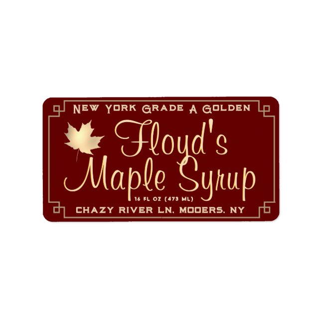 Maple Syrup Address Label with Gold Leaf on Red (Front)