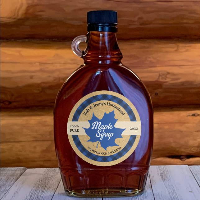 Maple Syrup Blue Leaf Buffalo Plaid Kraft Classic Round Sticker (Creator Uploaded)