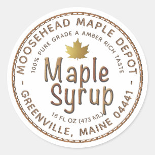 Maple Syrup in Poured Amber Font w Gold Leaf Classic Round Sticker