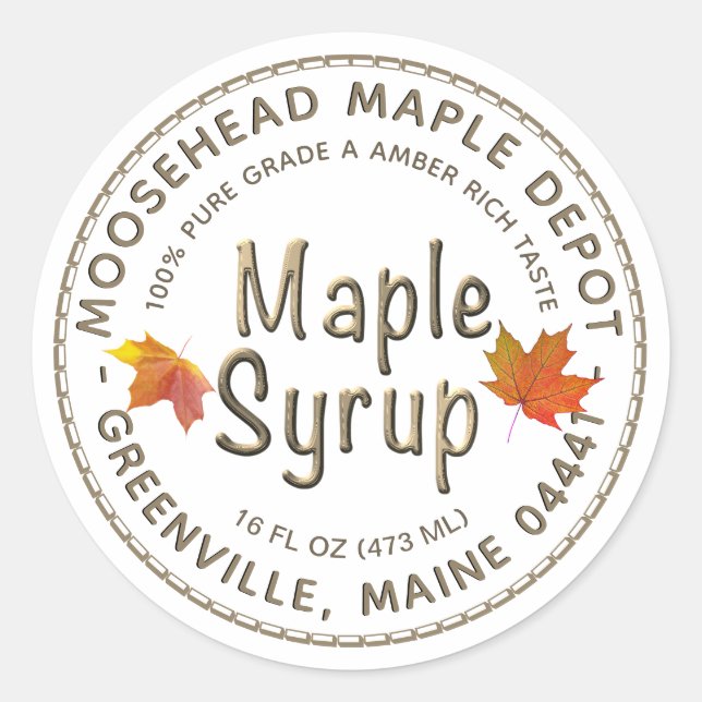 Maple Syrup in Poured Gold Font w Colourful Leaves Classic Round Sticker (Front)