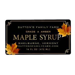 Maple Syrup Label Black Gold Border Colourful Leaf