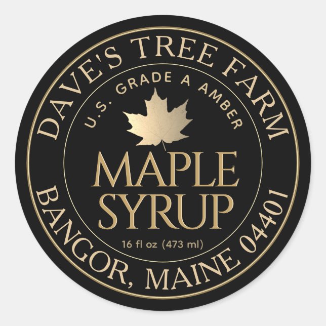 Maple Syrup on Black with Gold Maple Leaf  Classic Round Sticker (Front)