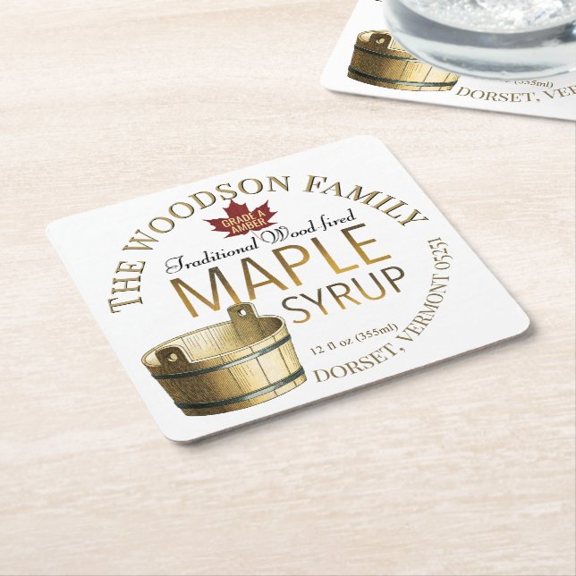 Maple Syrup Promotional Coaster with Gold Bucket  (Angled)