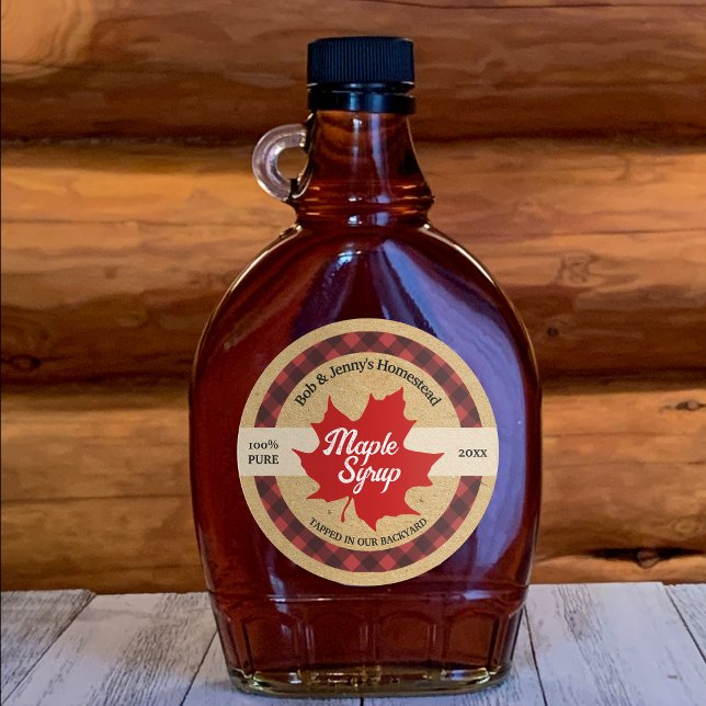 Maple Syrup Red Leaf Buffalo Plaid Kraft Classic Round Sticker (Creator Uploaded)