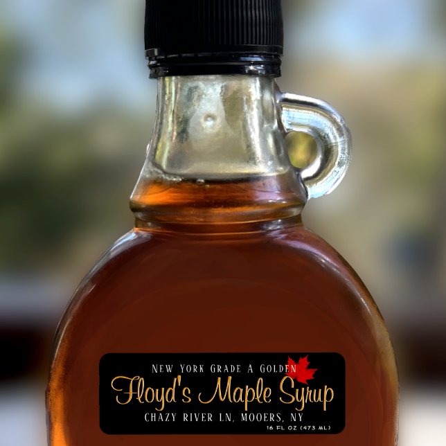 Maple Syrup Return Address Label Red Leaf on Black (Creator Uploaded)