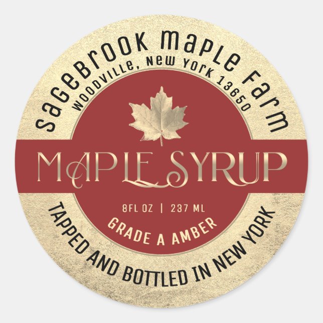 MAPLE SYRUP STATE NAME LABEL GOLD & RED (Front)
