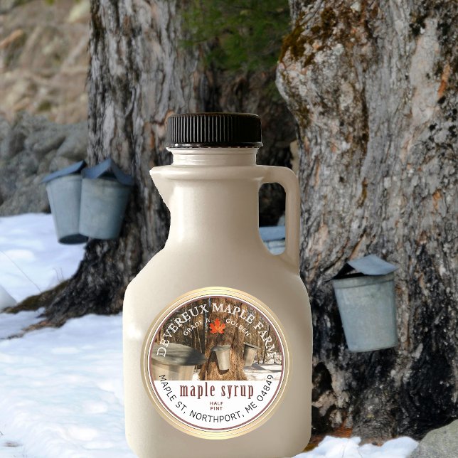 Maple Syrup Tapped Trees Maple Leaf Gold Border  Classic Round Sticker (Creator Uploaded)