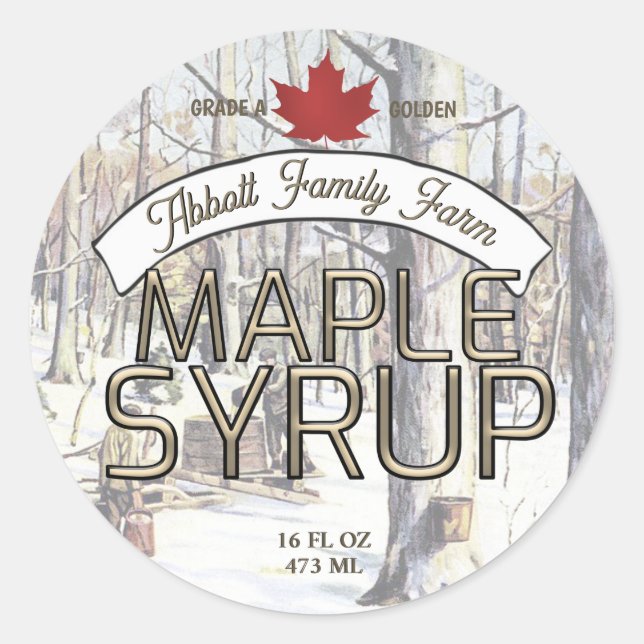 Maple Syrup Tapping in Snowy Forest Scene Red Leaf Classic Round Sticker (Front)