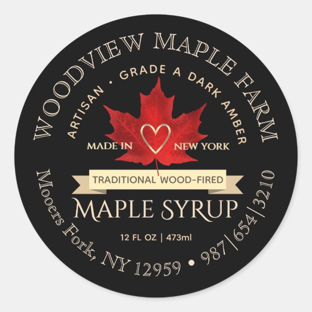Maple Syrup Traditional Wood-fired with Red Leaf Classic Round Sticker (Front)