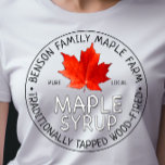 Maple Syrup White T-shirt Chalkboard Text Red leaf<br><div class="desc">Attract more attention at the local Farmer’s Market and have your own custom Maple Syrup Business Logo printed in a small or large size on these high-quality unisex T-shirts (change design placement in LAYERS PANEL). Realistic red sugar maple leaf with morphological details. “MAPLE SYRUP” is printed in a white chalkboard...</div>