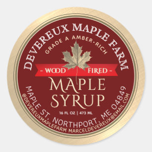Maple Syrup Wood Fired Red Banner Gold Leaf Clas Classic Round Sticker