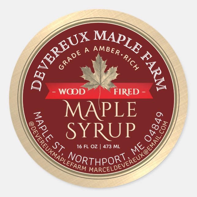 Maple Syrup Wood Fired Red Banner Gold Leaf   Clas Classic Round Sticker (Front)