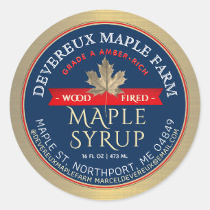 Maple Syrup Wood Fired Red Banner Gold Leaf Classic Round Sticker