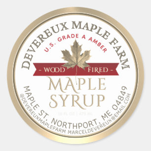Maple Syrup Wood Fired Red Banner Gold Leaf   Classic Round Sticker