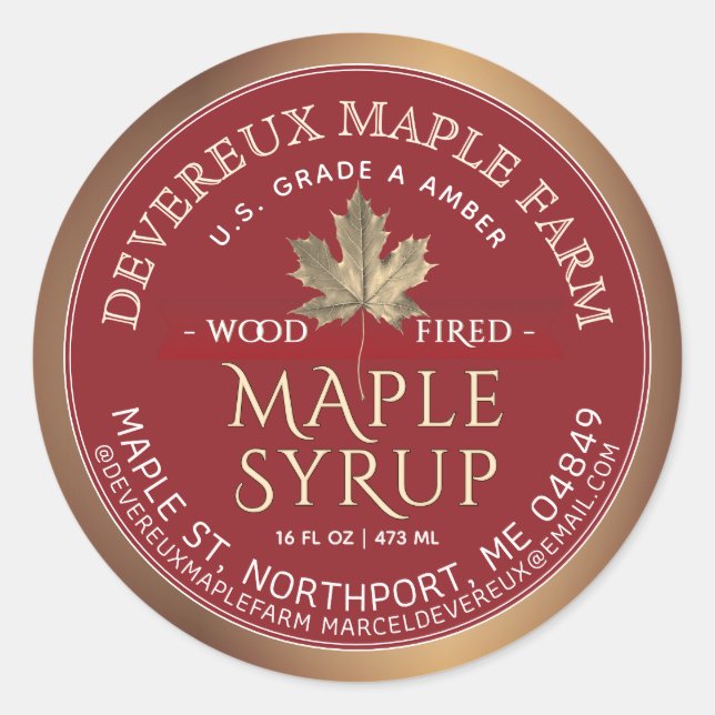 Maple Syrup Wood Fired Red Banner Gold Leaf   Classic Round Sticker (Front)