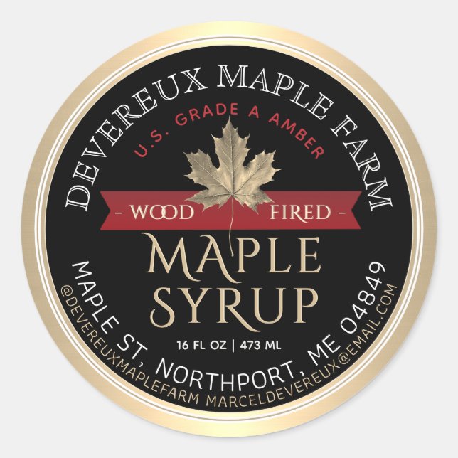 Maple Syrup Wood Fired Red Banner Gold Leaf Classic Round Sticker (Front)