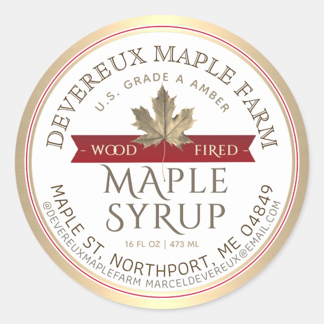 Maple Syrup Wood Fired Red Banner Gold Leaf Classic Round Sticker (Front)