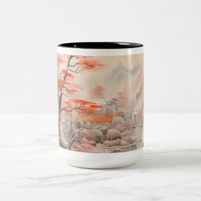 Maple Tree Bridge And River Two-Tone Coffee Mug (Center)