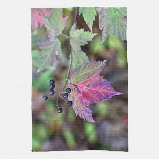 Mapleleaf Viburnum Autumn Leaves and Berries Tea Towel (Vertical)