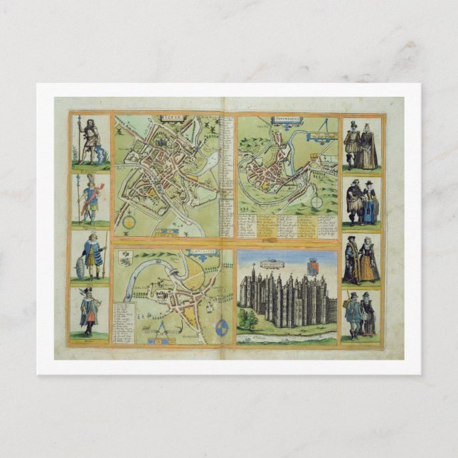 Maps of York, Shrewsbury, Lancaster, and Richmond, Postcard (Front)