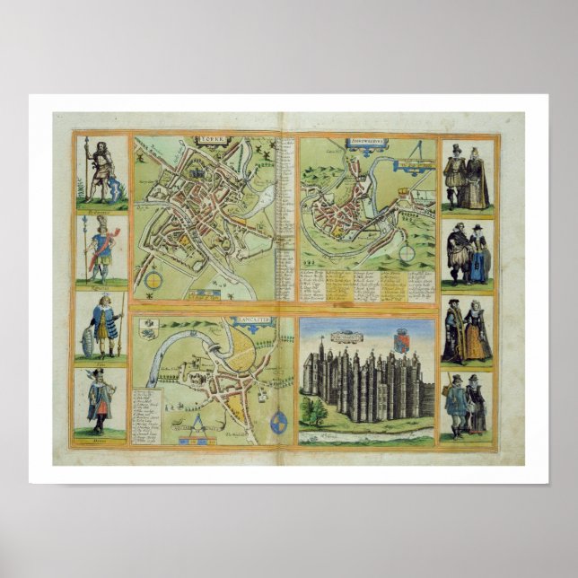 Maps of York, Shrewsbury, Lancaster, and Richmond, Poster (Front)