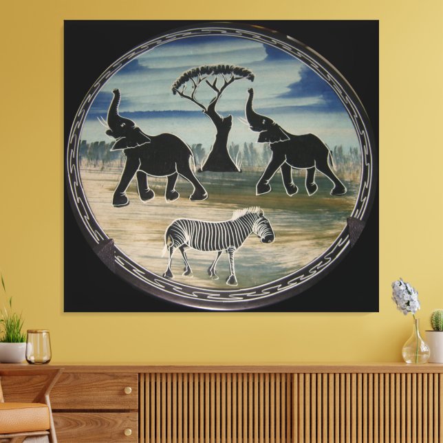 Mara Trumpet Glory African Elephant Zebra Oil Pain Canvas Print (Insitu(LivingRoom))