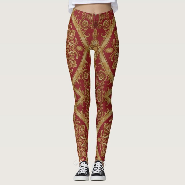 Mara Trumpet Glory Golden Red Ornate: Luxury Ath   Leggings (Front)