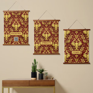 Mara Trumpeting Glory: Crimson & Gold Regal Elepha Hanging Tapestry