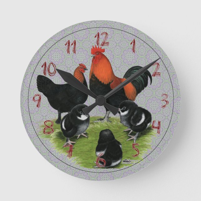 Marans Black Copper Chicken Family Round Clock (Front)